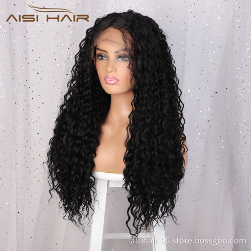 Aisi Hair 24 Inch Long Curly Wave Natural Black Swiss Lace Wig Afro Kinky Style Synthetic Lace Frontal Hair Wigs For Black Women